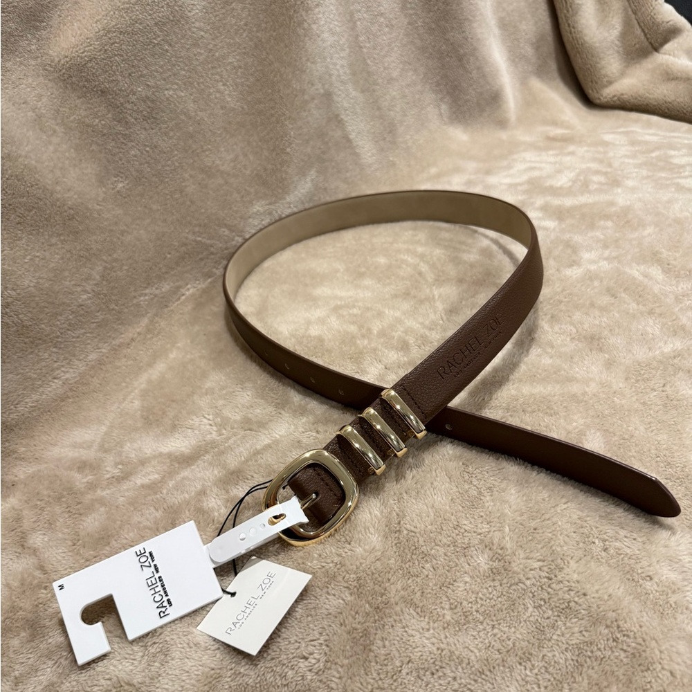 Rachel Zoe 🤎 Chocolate Pebbled Faux Leather Belt with Gold Accents MEDIUM NWT